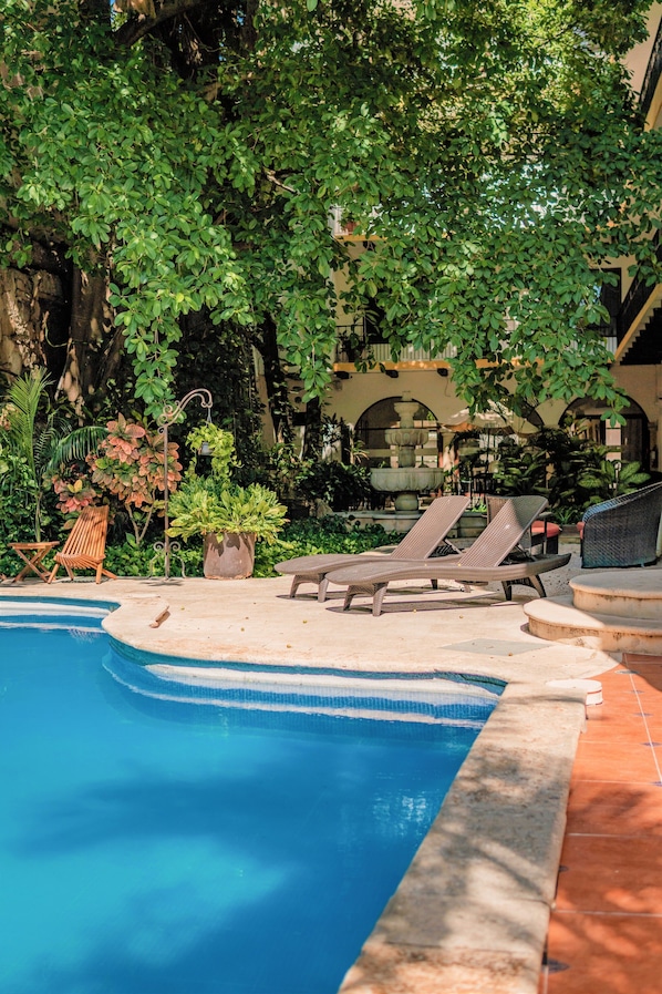Outdoor pool, pool umbrellas, sun loungers