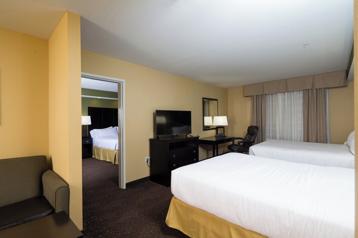 Une chambre d’hôtel avec deux lits, un bureau, une télévision et une chaise.