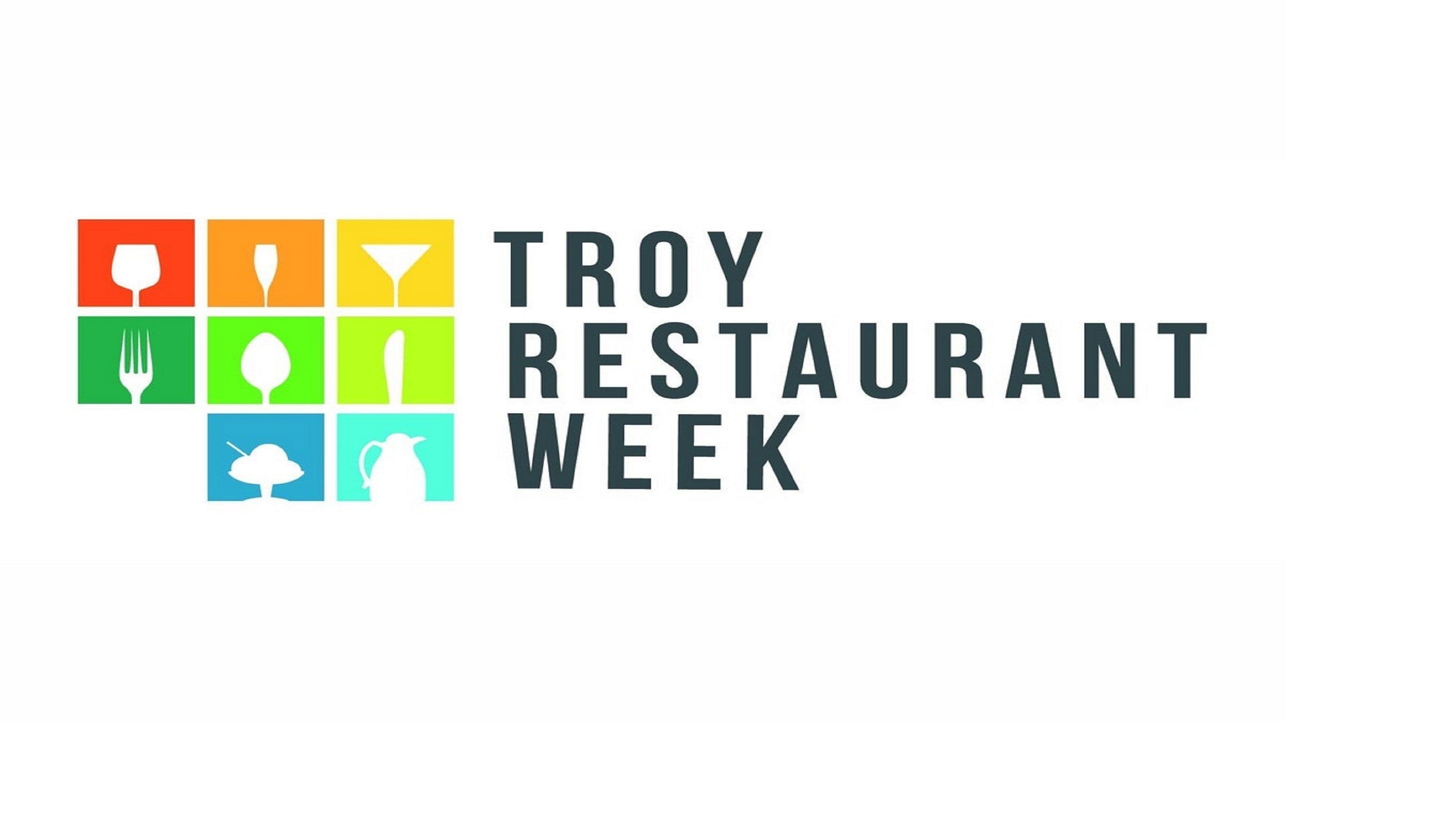 A logo with the text "TROY RESTAURANT WEEK" and a grid of colorful icons representing different food and drink items.