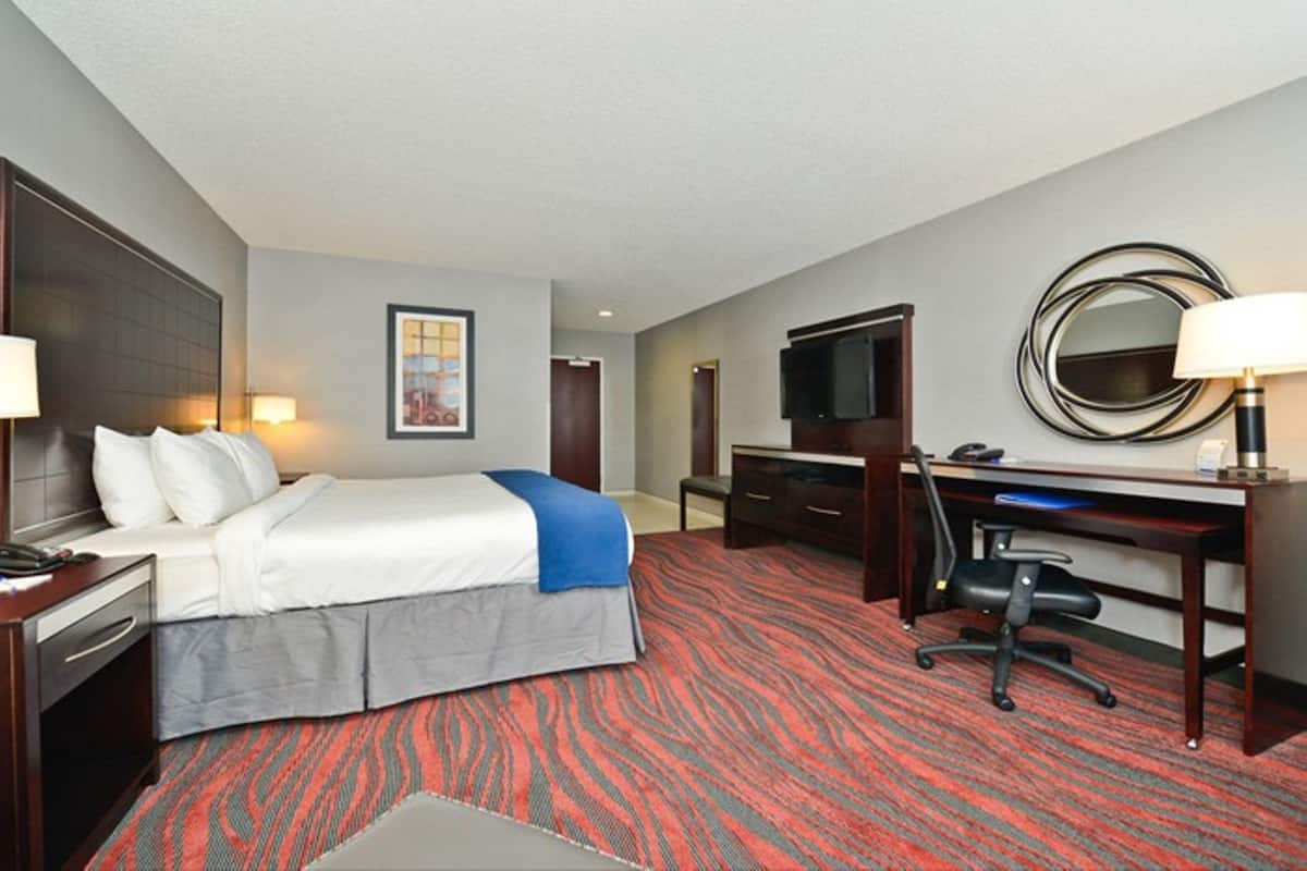 A hotel room with a bed, desk, chair, TV, and a mirror.