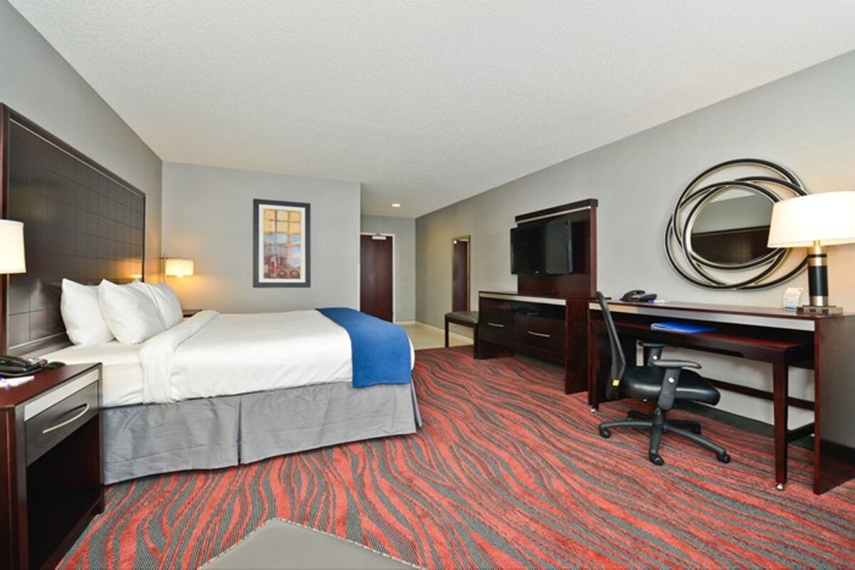A hotel room with a bed, desk, chair, TV, and a mirror.