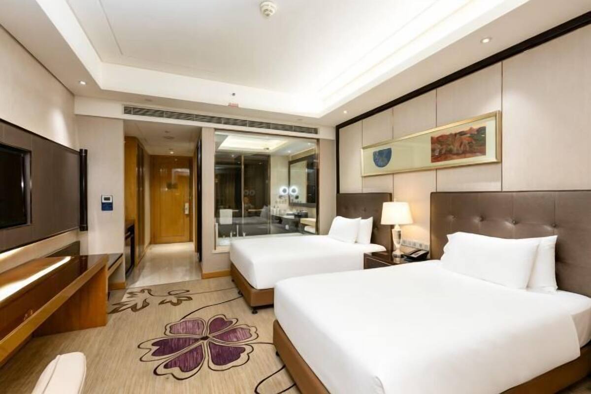 A hotel room with two beds, a TV, a mirror, a nightstand, and a carpet with a floral design.