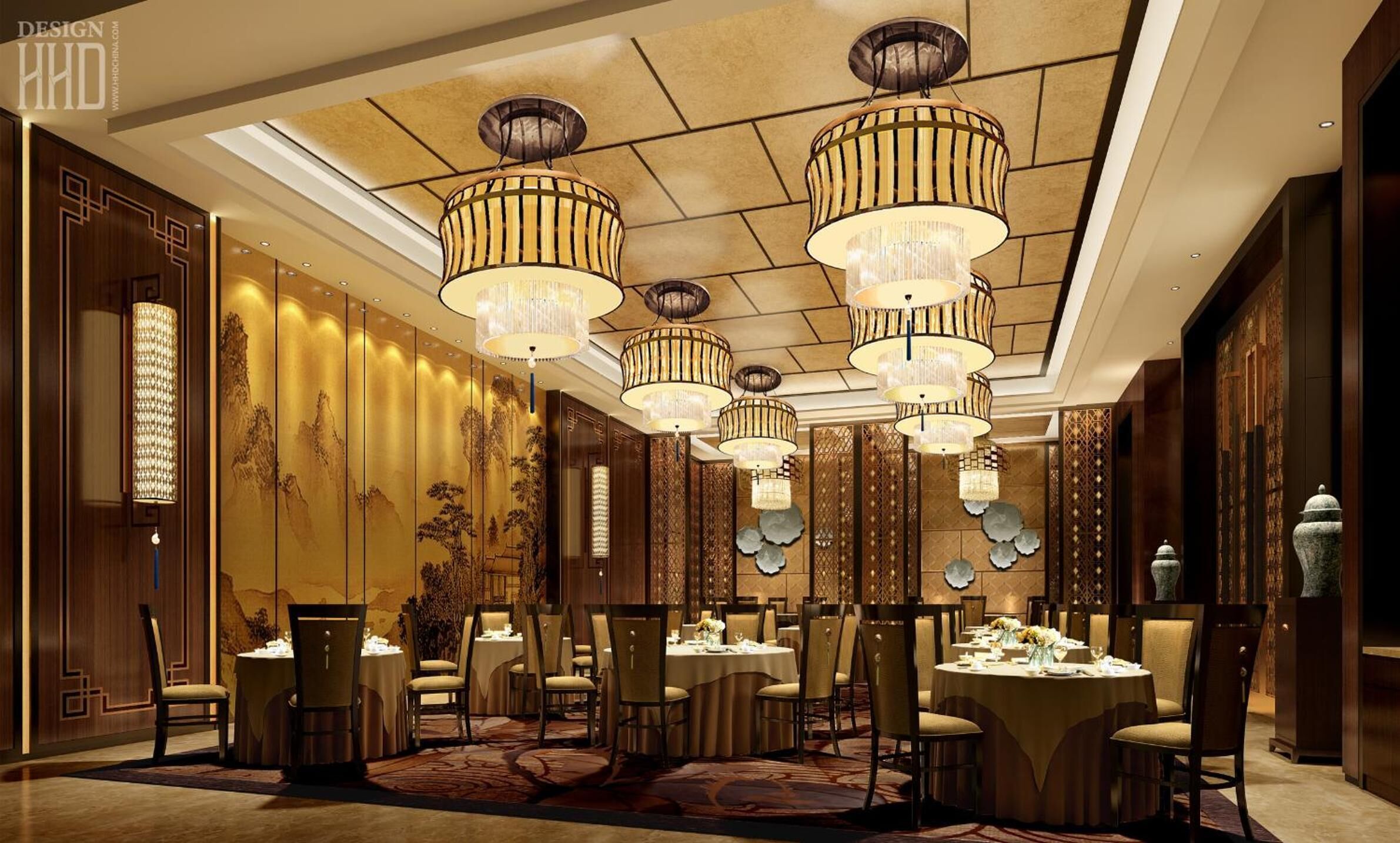 A dining area with multiple tables and chairs, ornate chandeliers, and traditional wall decor.