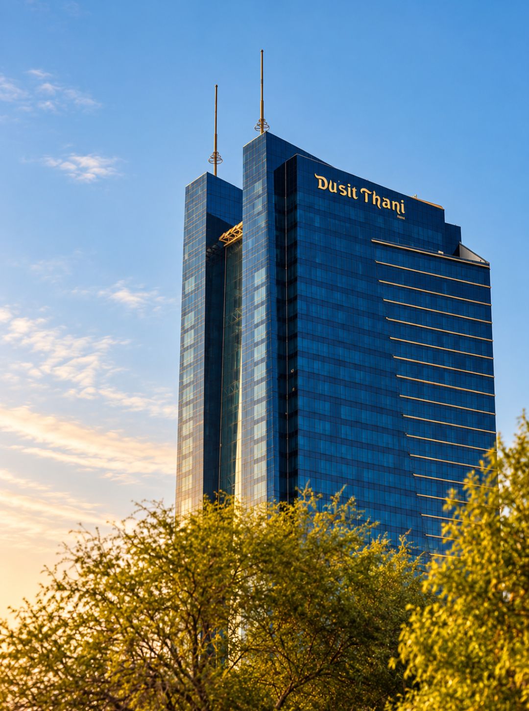 A high-rise building with the name 'Dusit Thani' on its facade, featuring a modern glass exterior and two antennae on top.