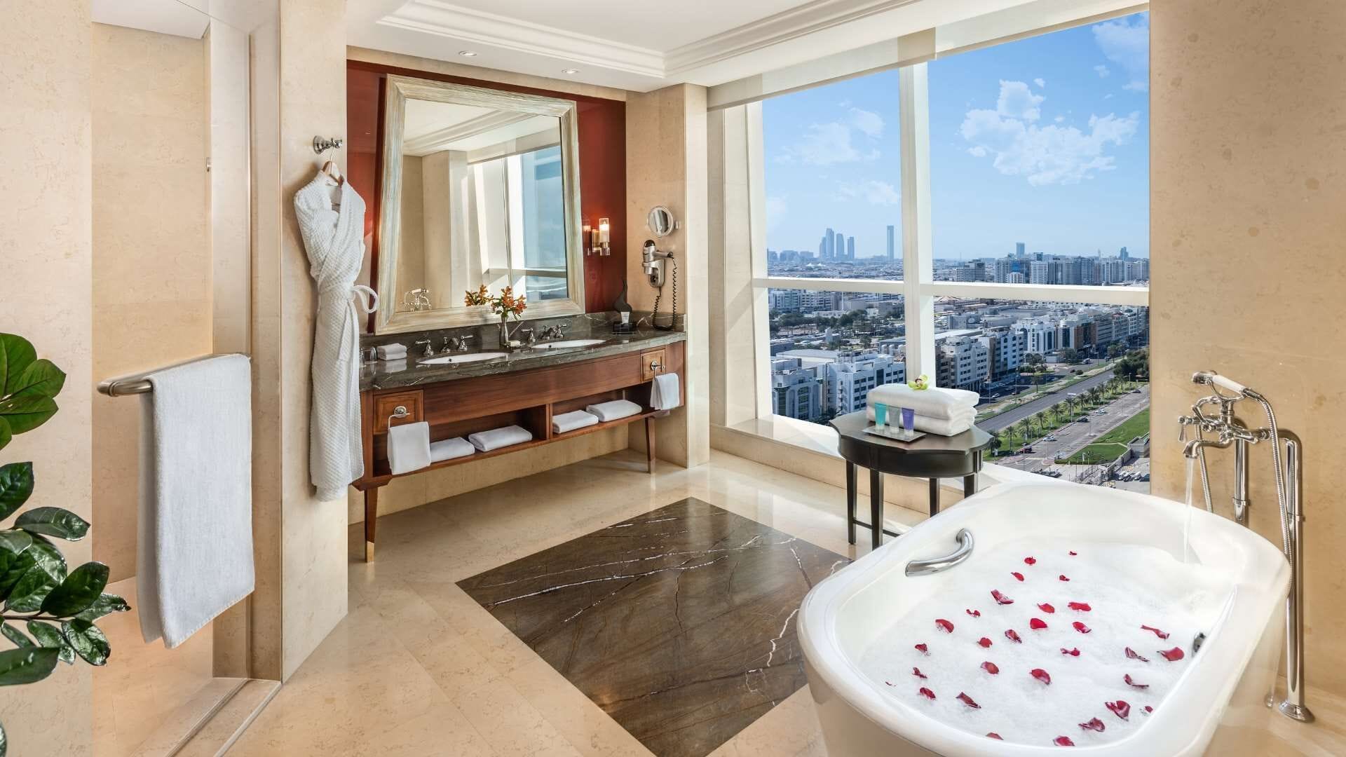 separate bathtub and shower, deep-soaking bathtub, rainfall showerhead