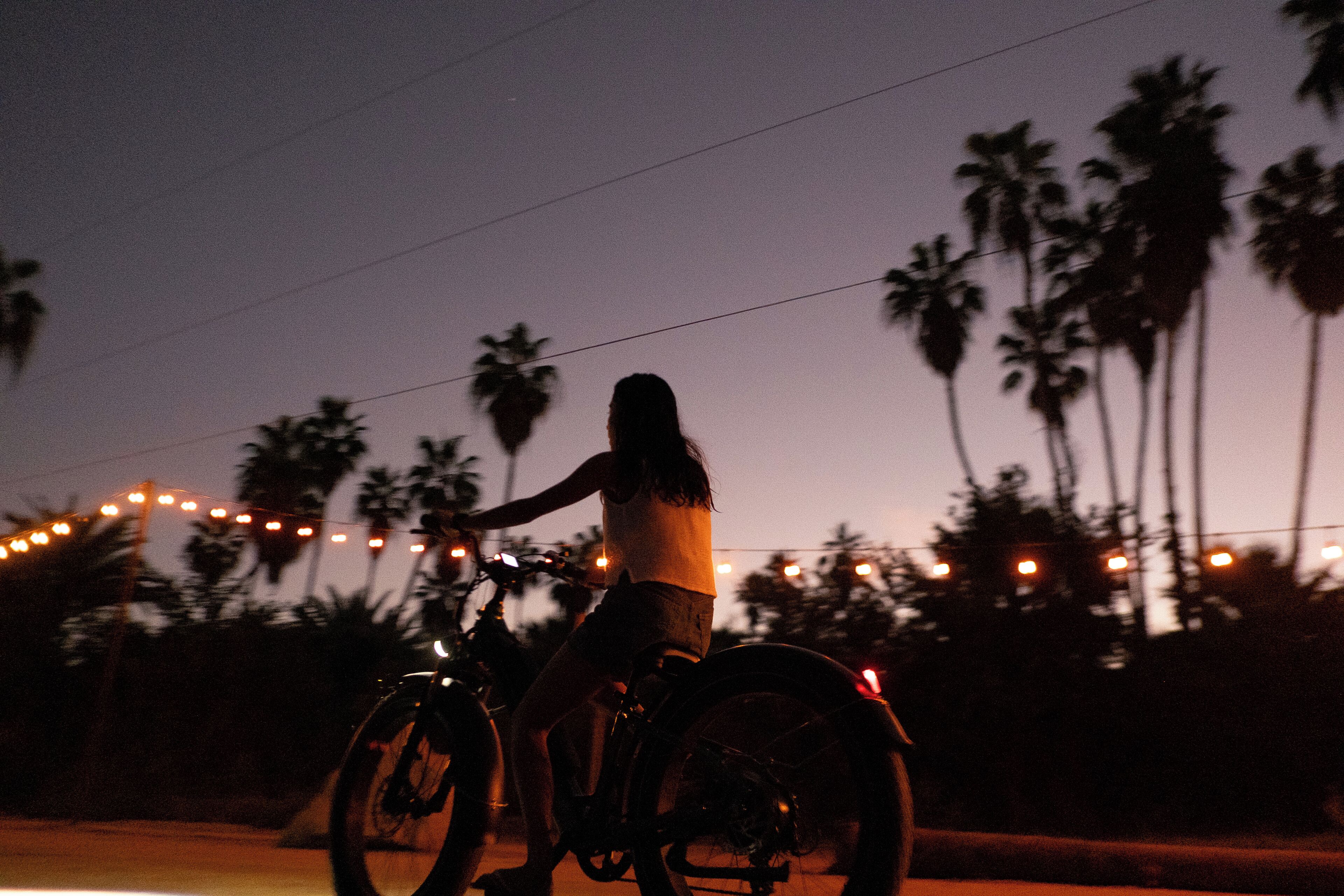 A person riding a bicycle on a road with palm trees and string lights in the background.