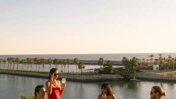 A group of people relaxing in a clear pool with a view of the ocean and palm trees.