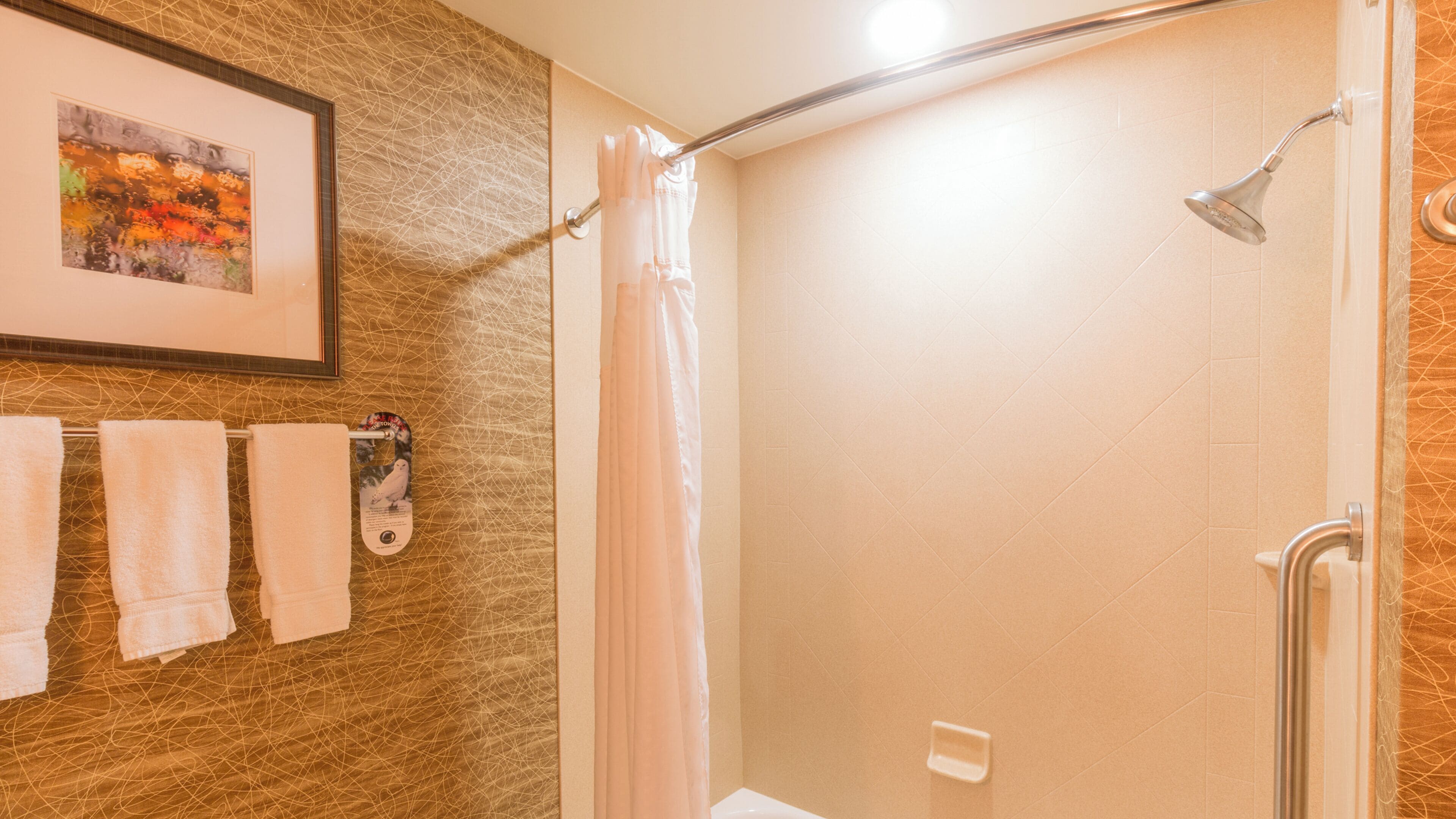 Un espace douche doté d’une porte en verre, d’un porte-serviettes avec des serviettes et d’un tableau encadré au mur.