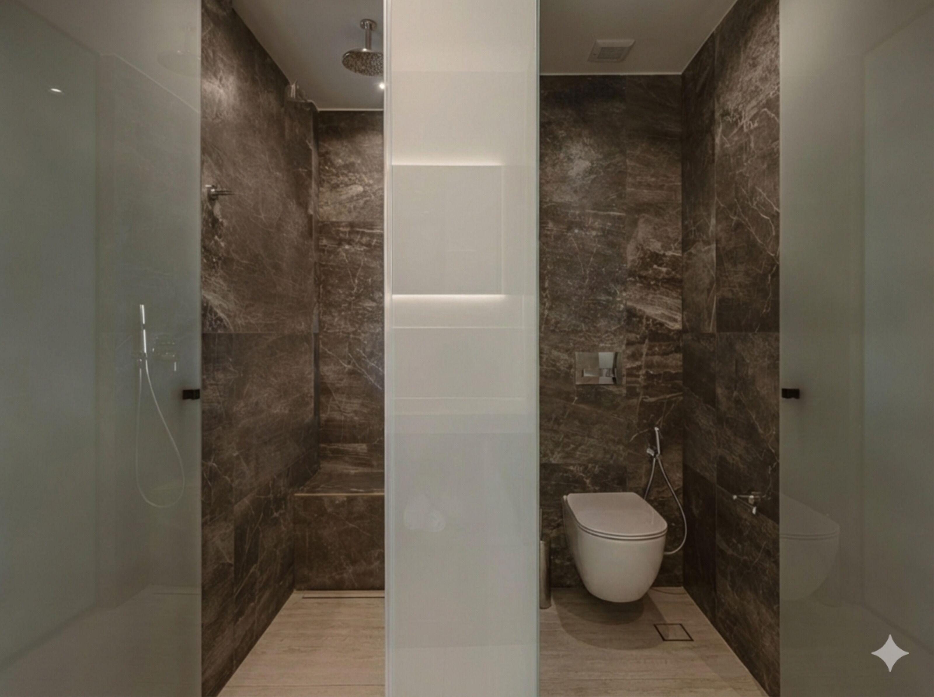 A modern bathroom with a glass shower enclosure, a toilet, and marble walls.