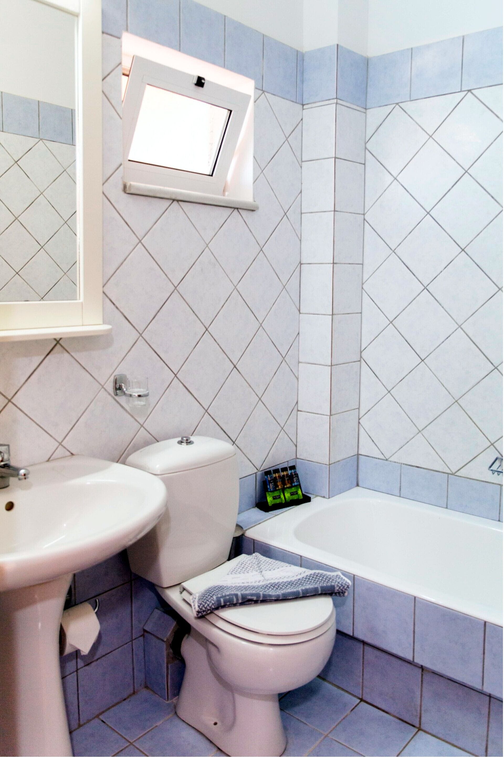 free toiletries, hair dryer, towels