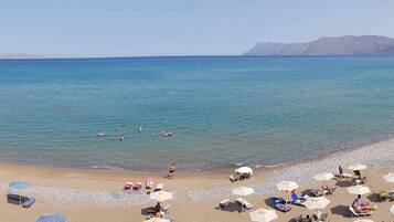 On the beach, sun loungers, beach umbrellas, beach towels