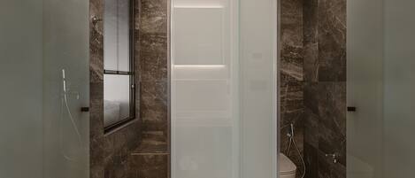 A modern bathroom with a glass-enclosed shower, a toilet, and a vanity with a mirror.
