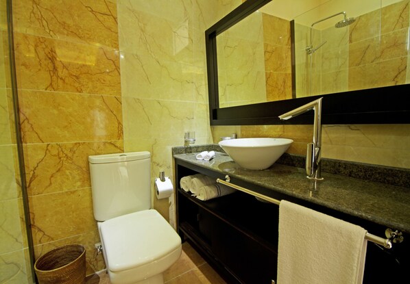 Une salle de bain équipée de toilettes, d’un lavabo et d’une douche.