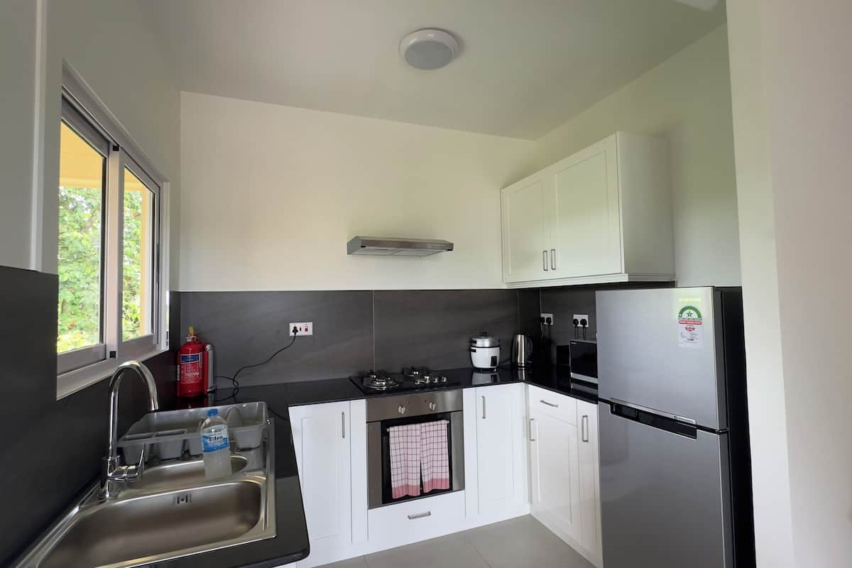 apartment, pool view | private kitchen | full-sized fridge, microwave, oven, stovetop