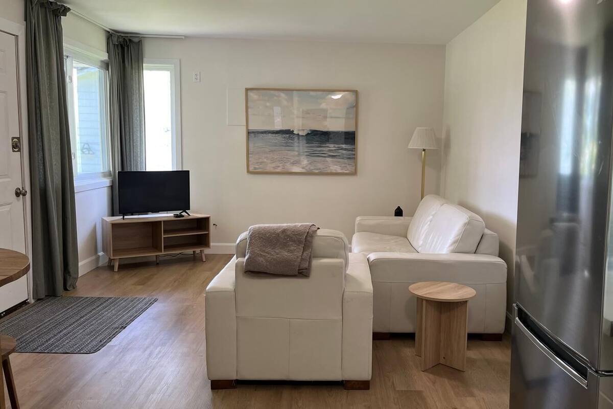 A modern living room with a sofa, a small round table, a flat-screen TV, and a refrigerator.