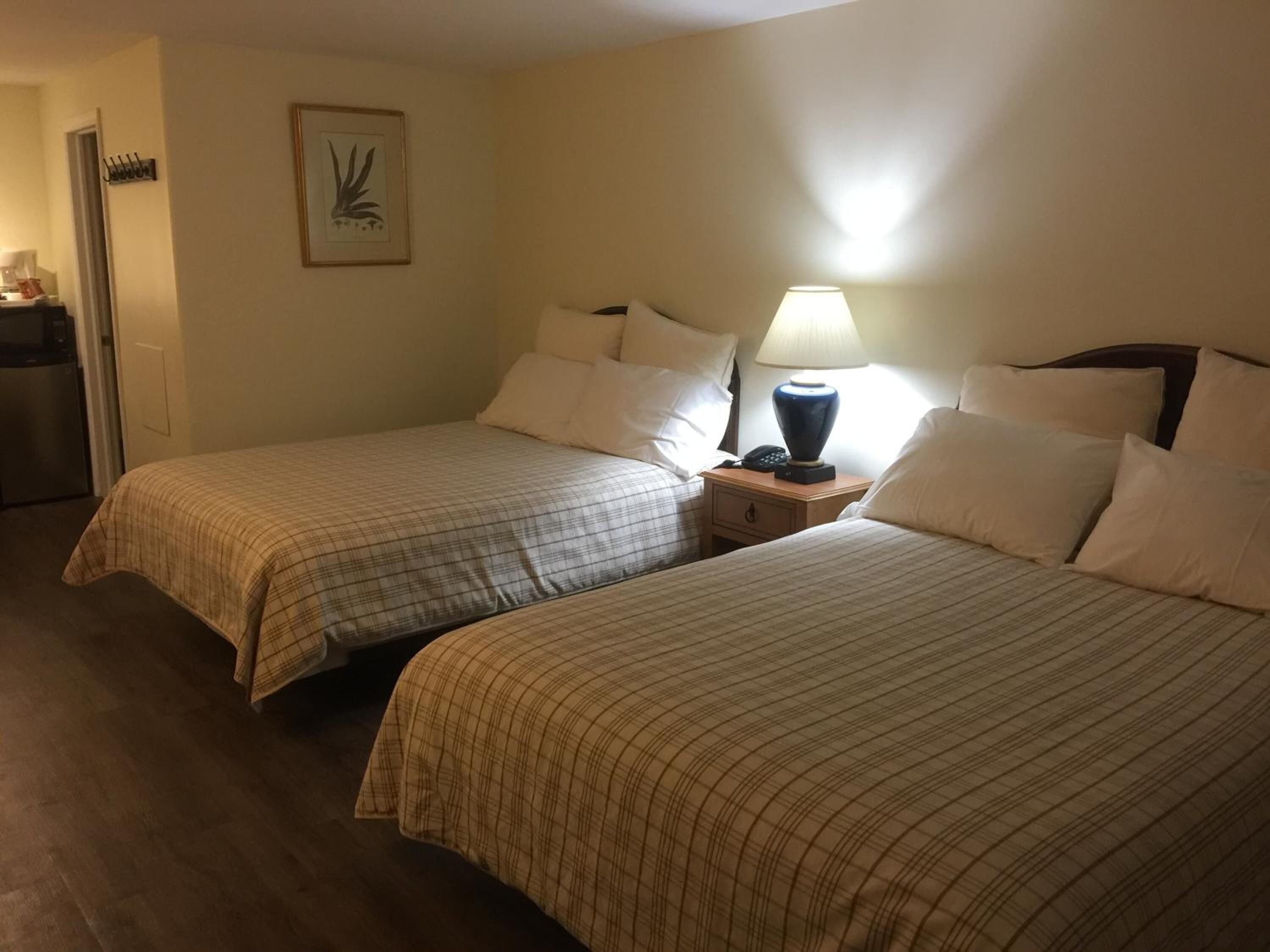 Une chambre d’hôtel avec deux lits, une table de chevet avec une lampe, un tableau encadré au mur et un coin cuisine.