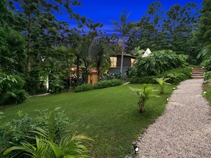 A lush garden with a pathway leading to a modern house with a red roof.