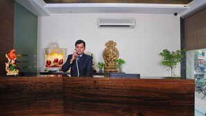 A reception desk with a man standing behind it. There is a decorative statue and a plant on the wall behind the desk. - Hotel Gulnar (New Delhi)