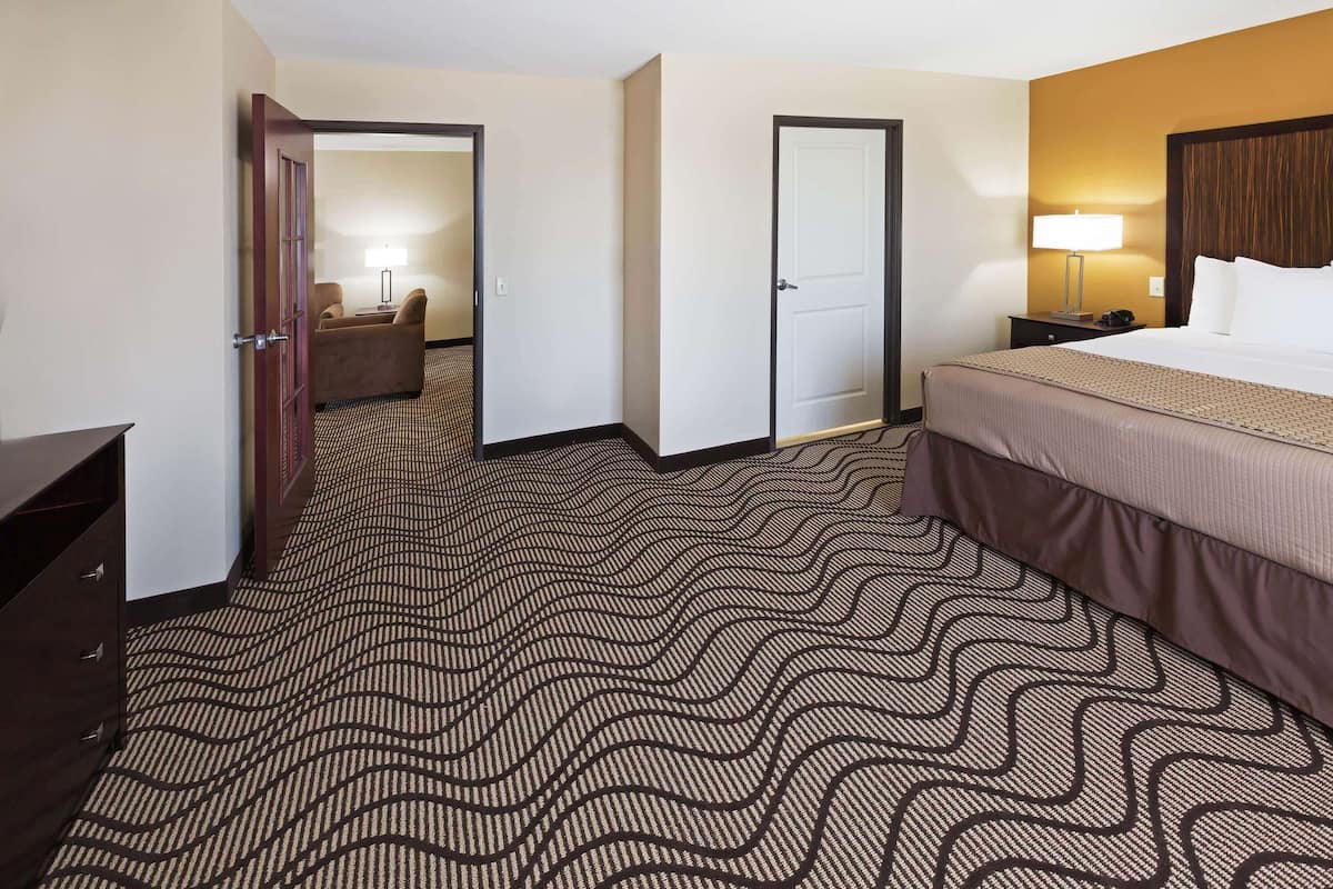 A hotel room with a patterned carpet, a bed, a nightstand, a lamp, and a door leading to another room.
