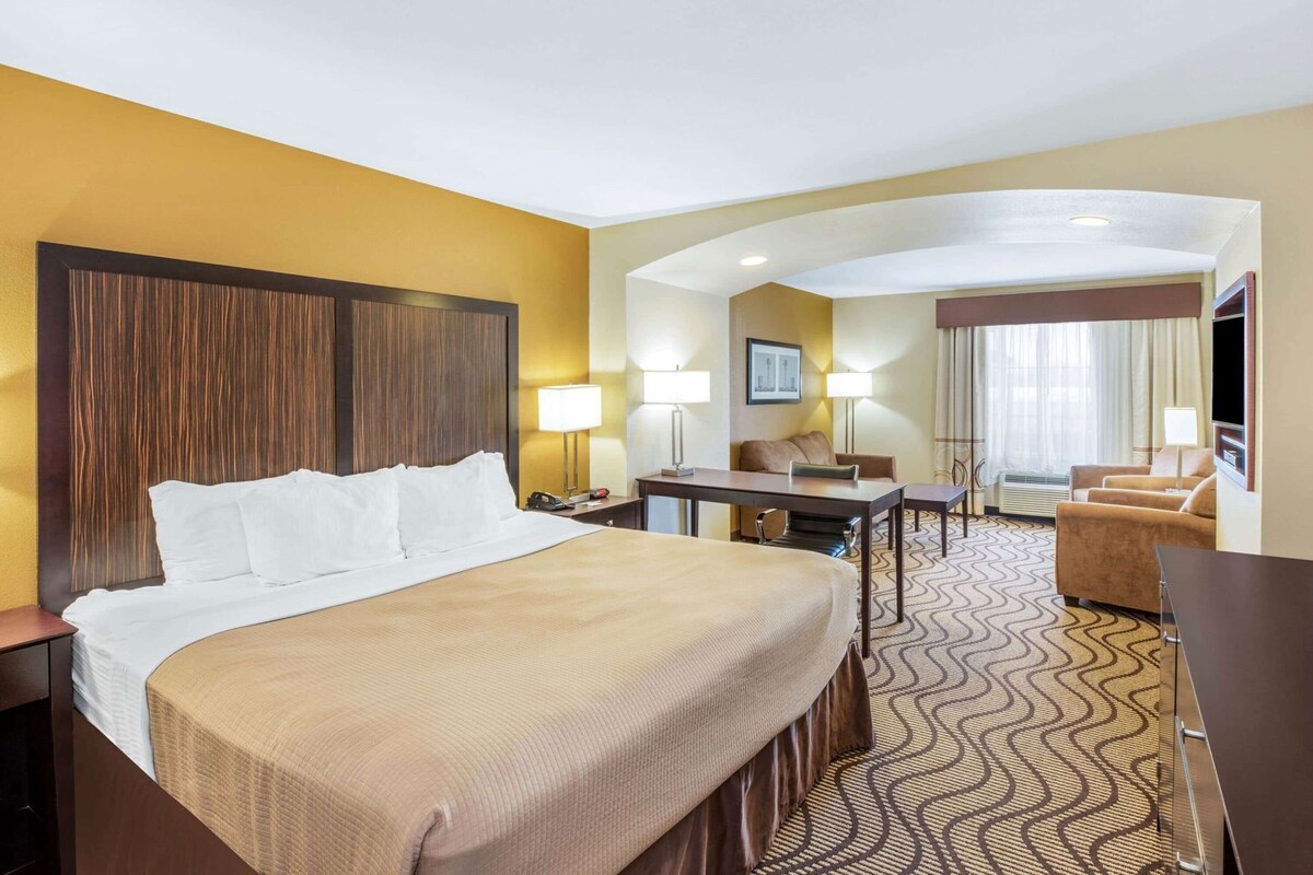 Una habitación de hotel con una cama grande, un escritorio, una silla, un sofá y un televisor.