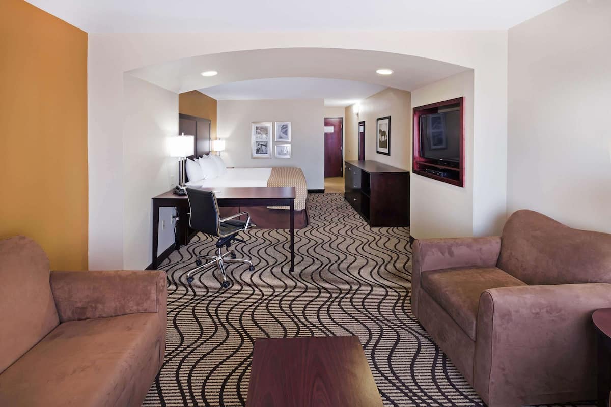 A hotel room with a bed, a desk, a chair, two sofas, and a TV.