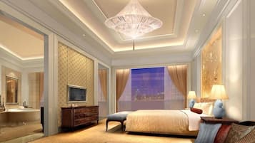 A luxurious bedroom with a large bed, a TV, a sofa, and a cityscape view.