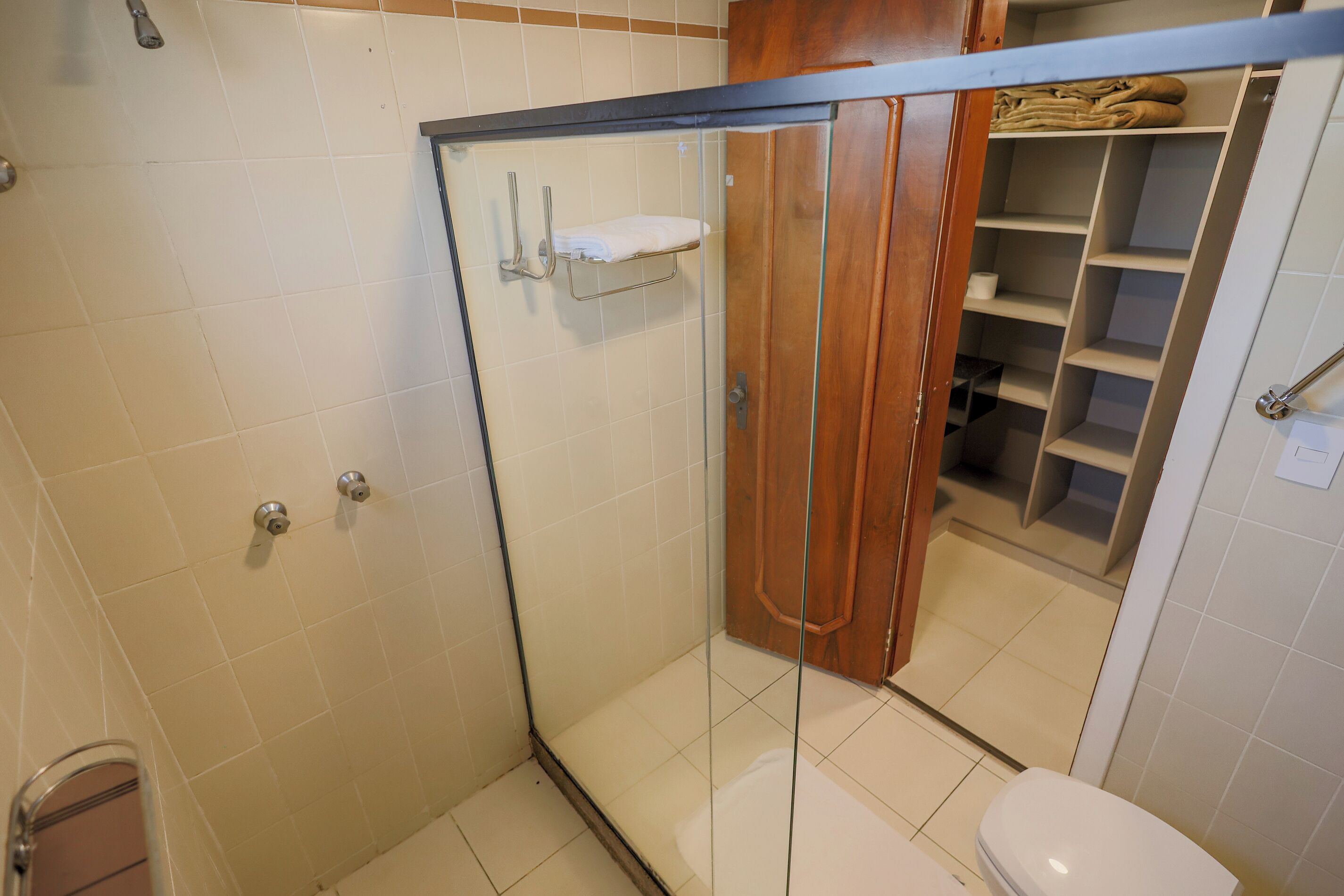 A bathroom with a glass-enclosed shower, a toilet, and a wooden cabinet with shelves.