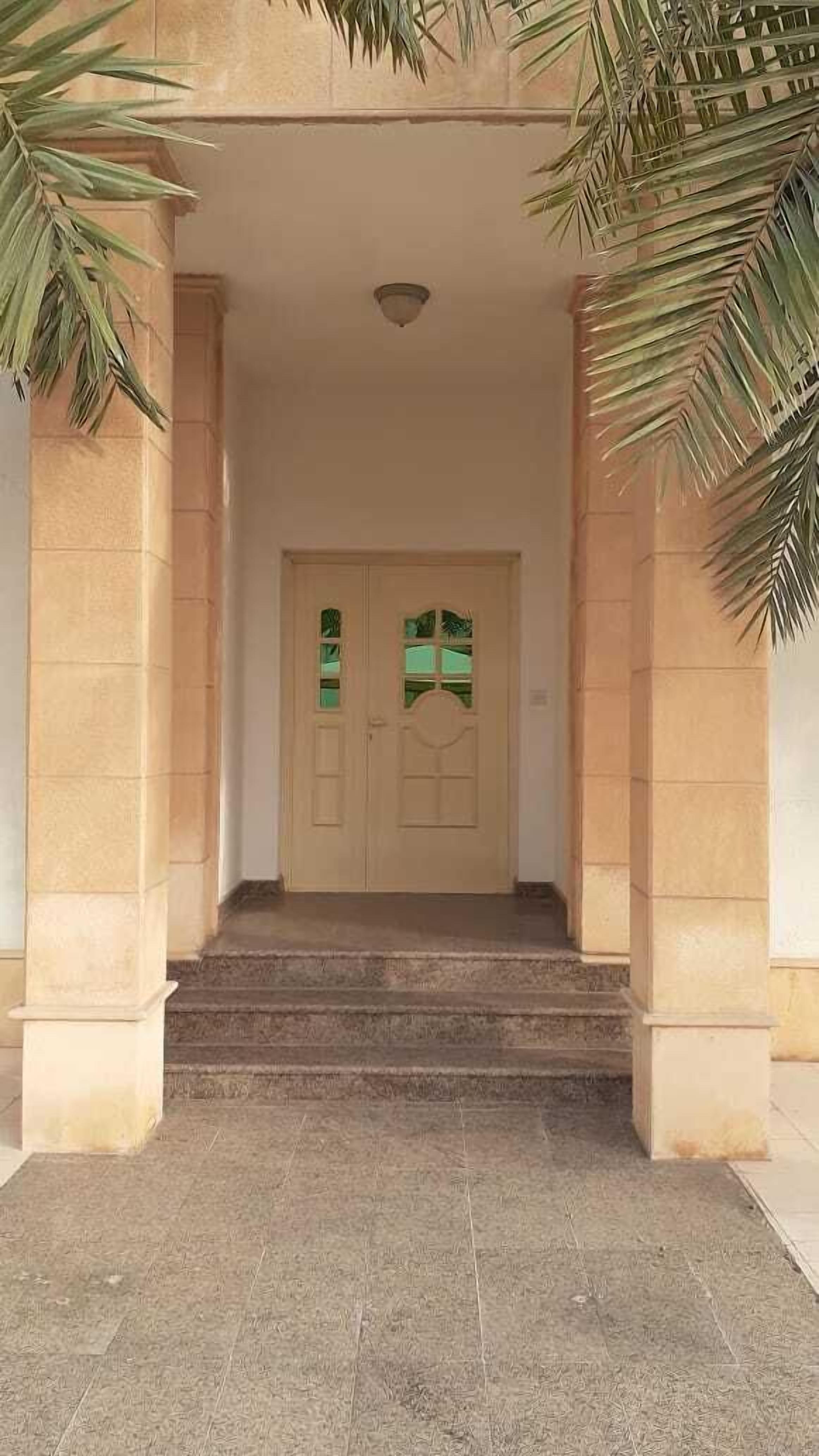 A building entrance with a double door, steps leading up to it, and palm trees framing the entrance.