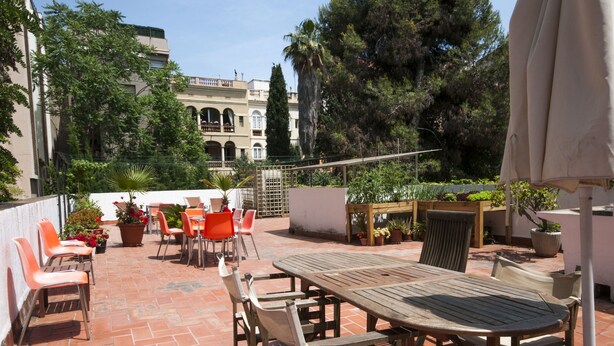 Un patio al aire libre con una mesa y sillas de madera, rodeado de plantas en macetas y vistas a un edificio con arcos.