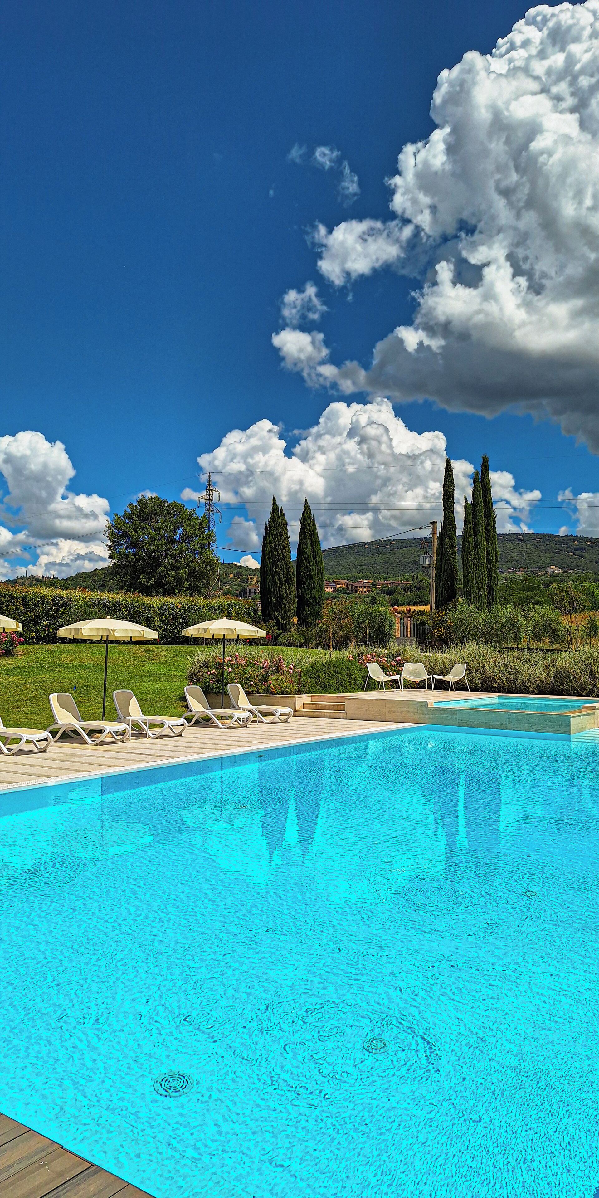 Una piscina con lettini e ombrelloni, immersa nel verde e alberi.