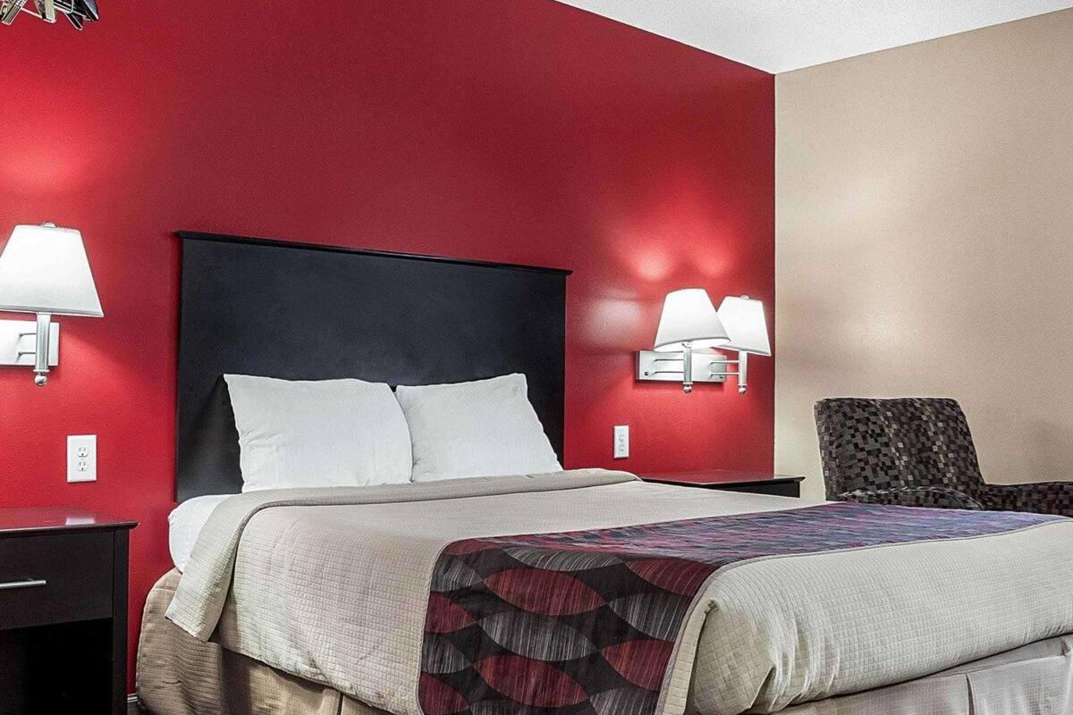 A hotel room with a bed, two bedside lamps, a chair, and a red wall.