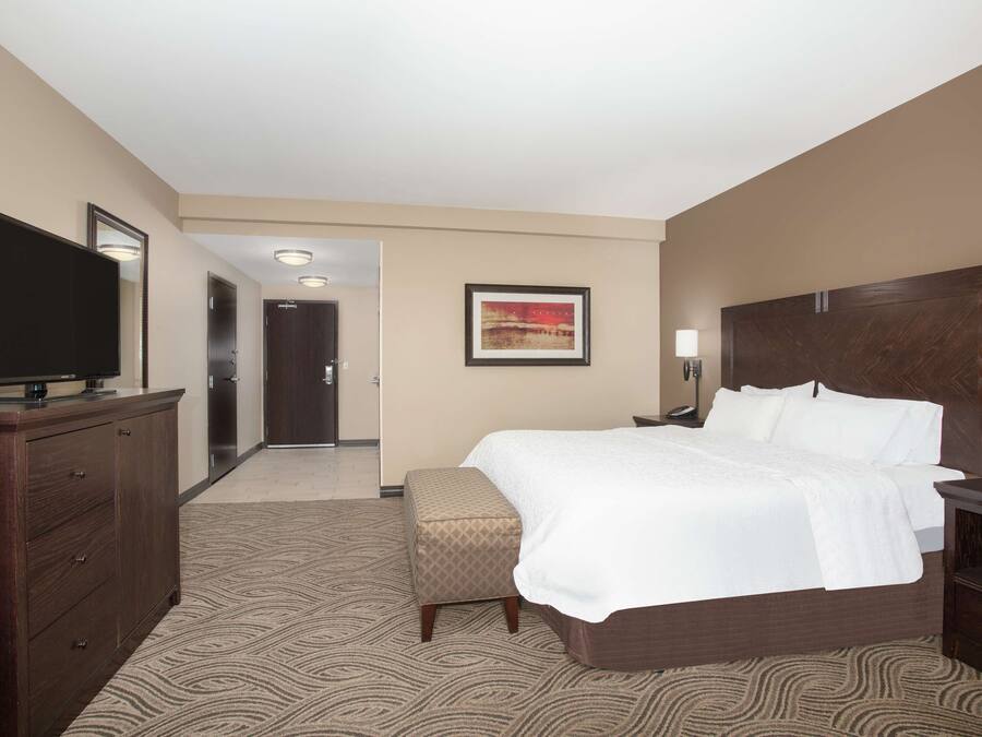 A hotel room with a large bed, a TV on a dresser, a mirror, a painting on the wall, and a patterned carpet.