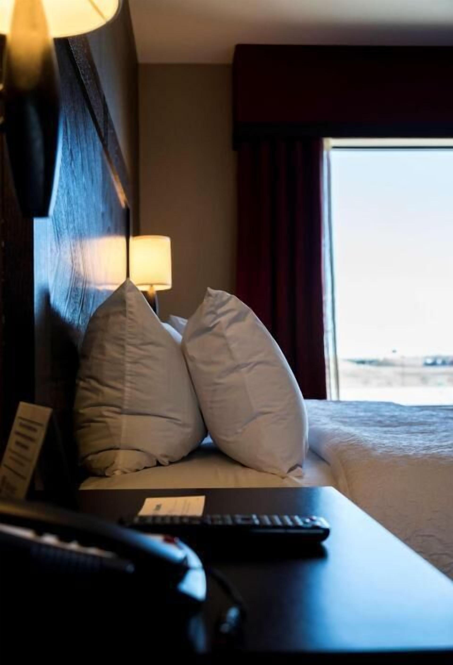 Hypo-allergenic bedding, pillowtop beds, desk, blackout drapes