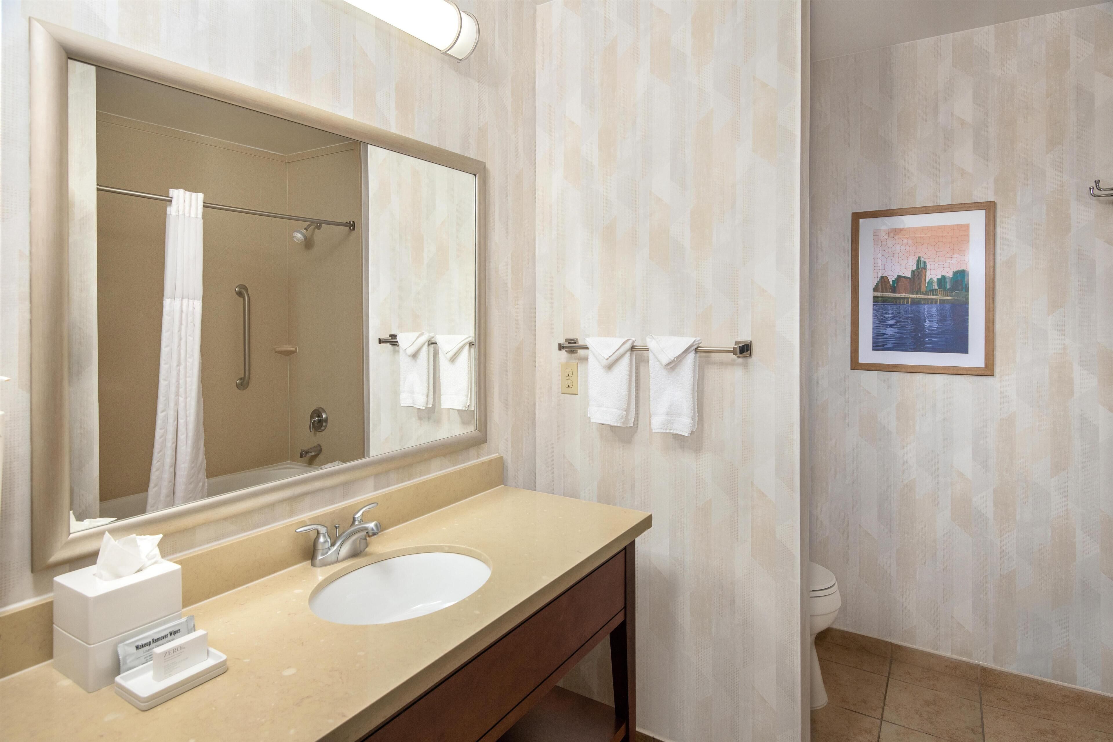 Un baño con un espejo grande, un lavabo, un perchero para toallas y un cuadro en la pared.