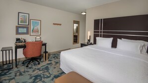 A hotel room with a large bed, a desk with a chair, a small trash can, and framed pictures on the wall. - Hampton Inn Austin/Oak Hill (Austin)