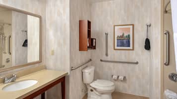 Baño con lavamanos, inodoro y espejo. Se observan barras de apoyo y un perchero para toallas.