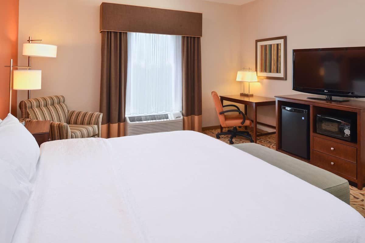 A hotel room with a large bed, a desk, a television, and a chair.