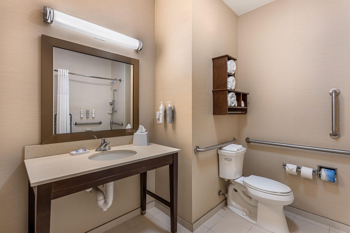A modern bathroom with a sink, mirror, toilet, and handrails.
