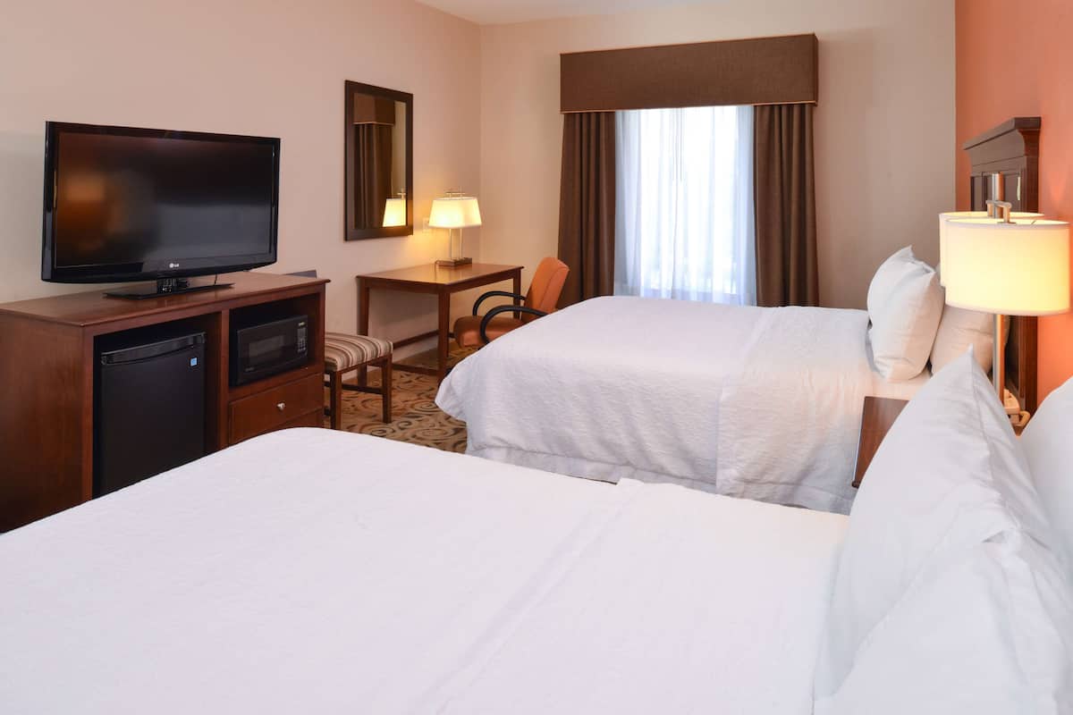 A hotel room with two beds, a TV, a desk, and a chair.