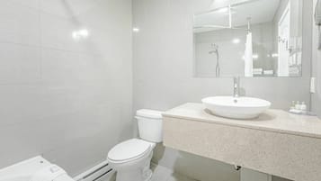 Un bagno moderno con un water bianco, un lavabo a colonna e un grande specchio sopra il mobile.