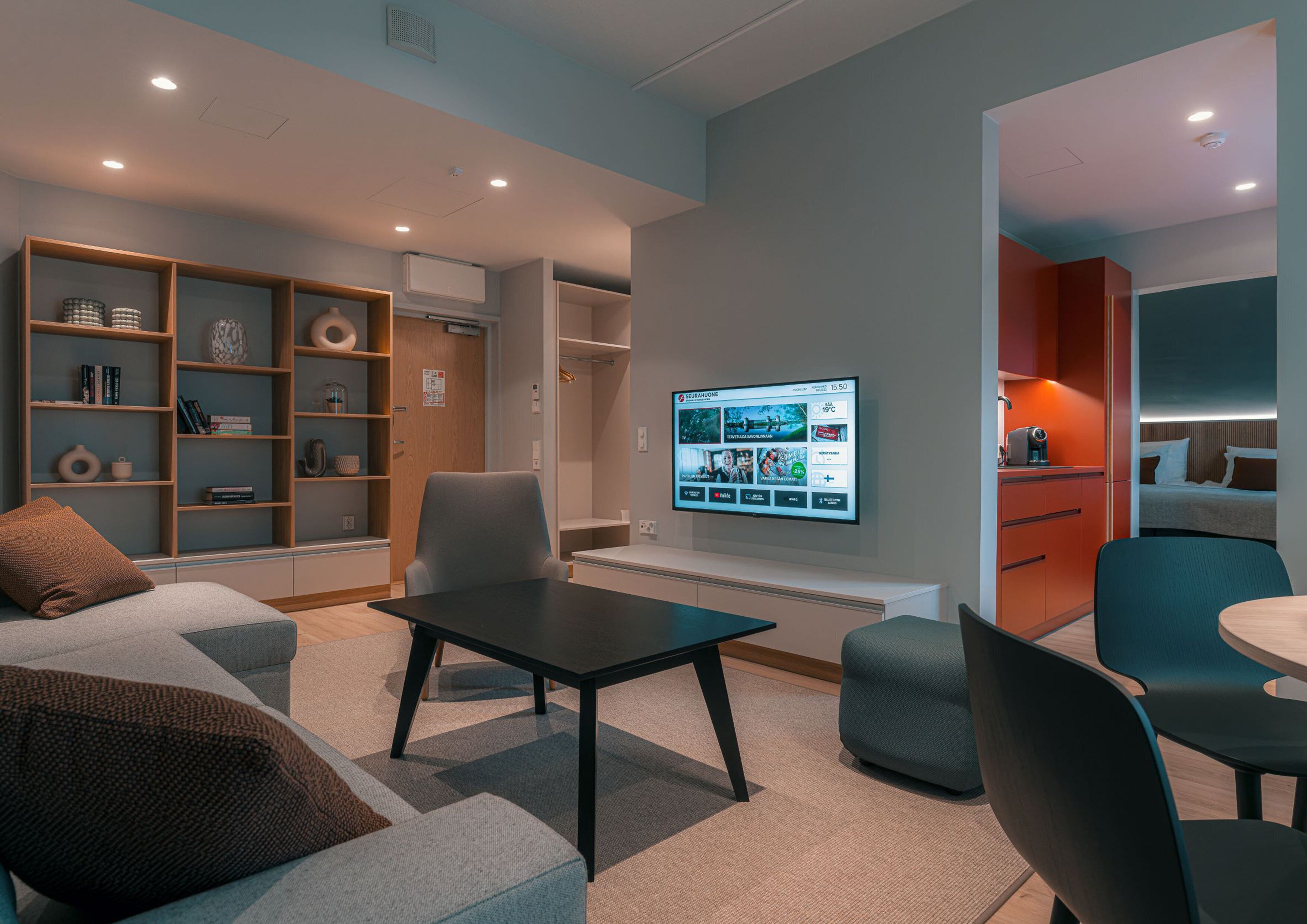 minibar, desk, laptop workspace, soundproofing