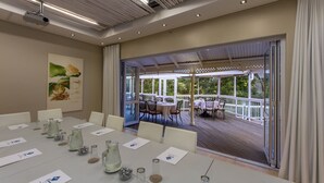 A conference room with a large table set for a meeting, a projector, and a view of an outdoor deck with tables and chairs. - Quarry Lake Inn (East London)