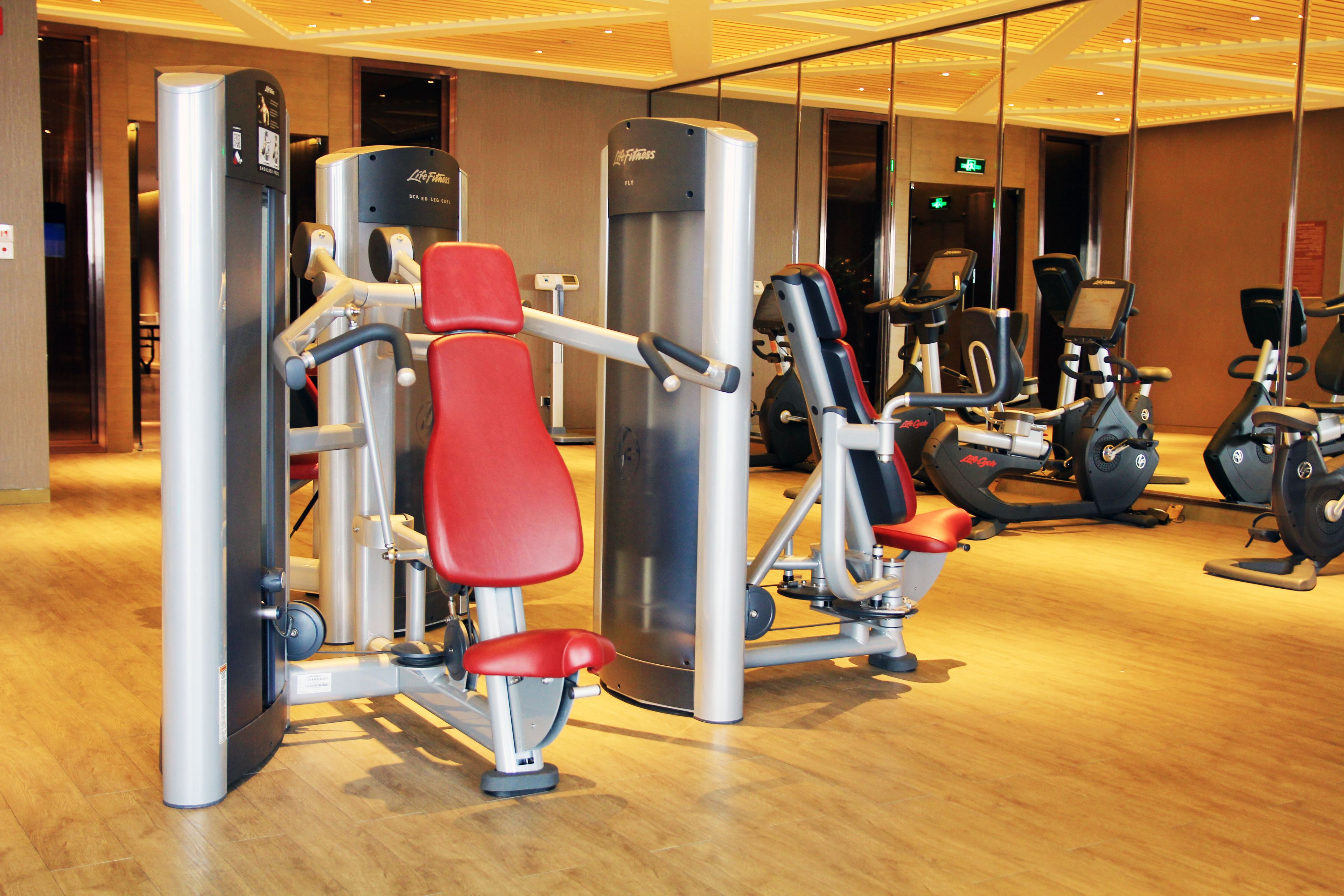 A gym with various exercise machines, including a red seated row machine and a wall-mounted chest press.