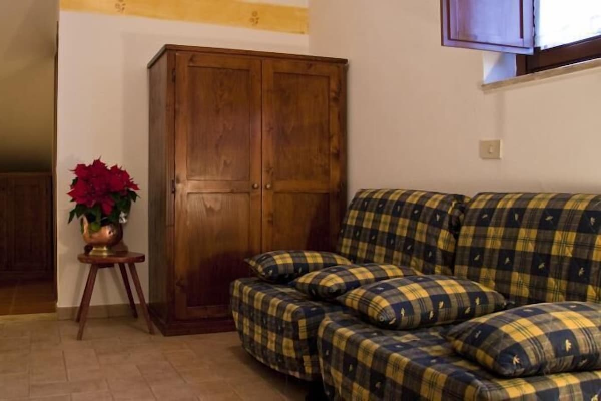 Uma sala de estar com um sofá xadrez, um armário de madeira e uma mesinha com um arranjo de flores vermelhas.