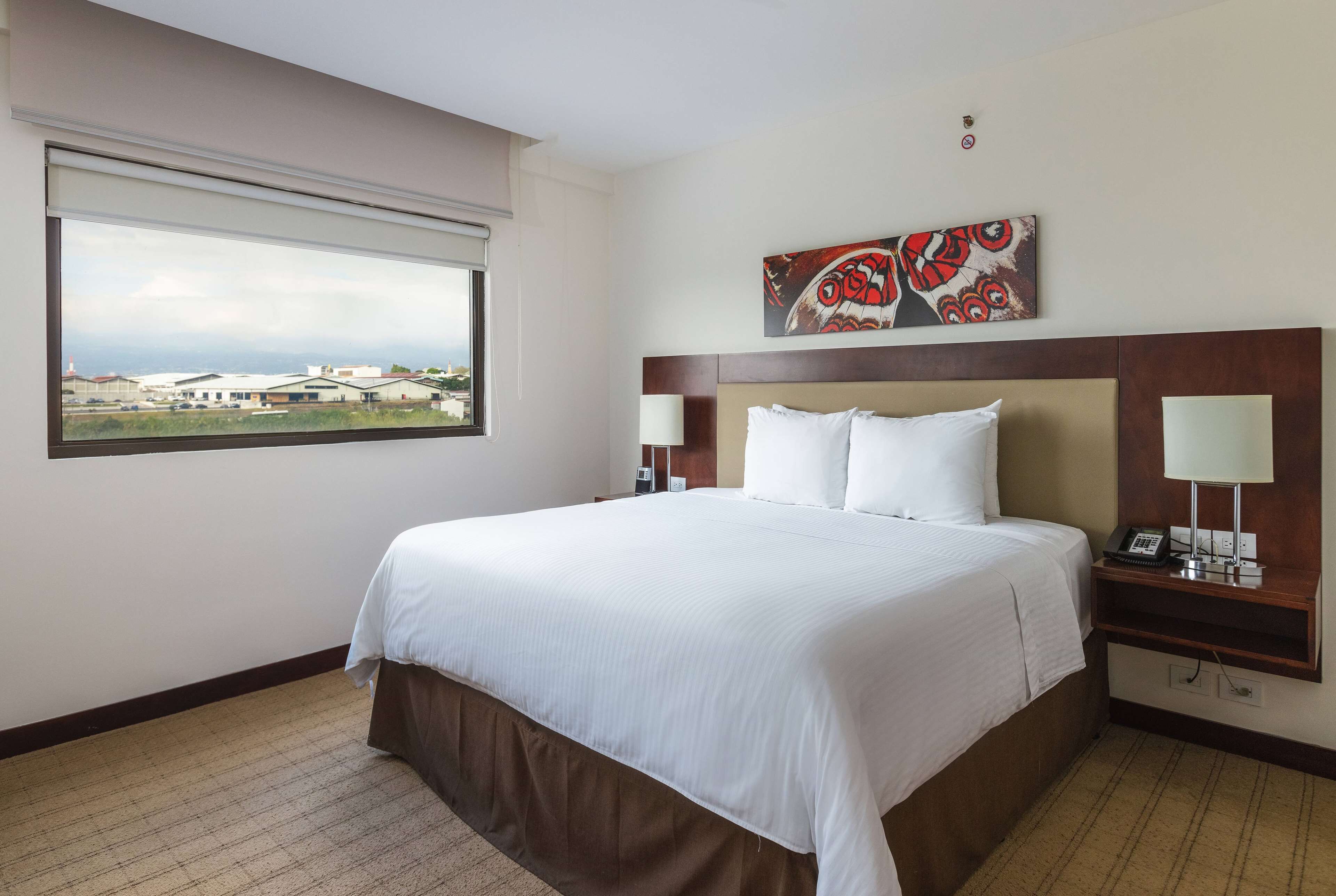 A hotel room with a large bed, two bedside tables with lamps, a window with a view of buildings, and a piece of artwork on the wall.