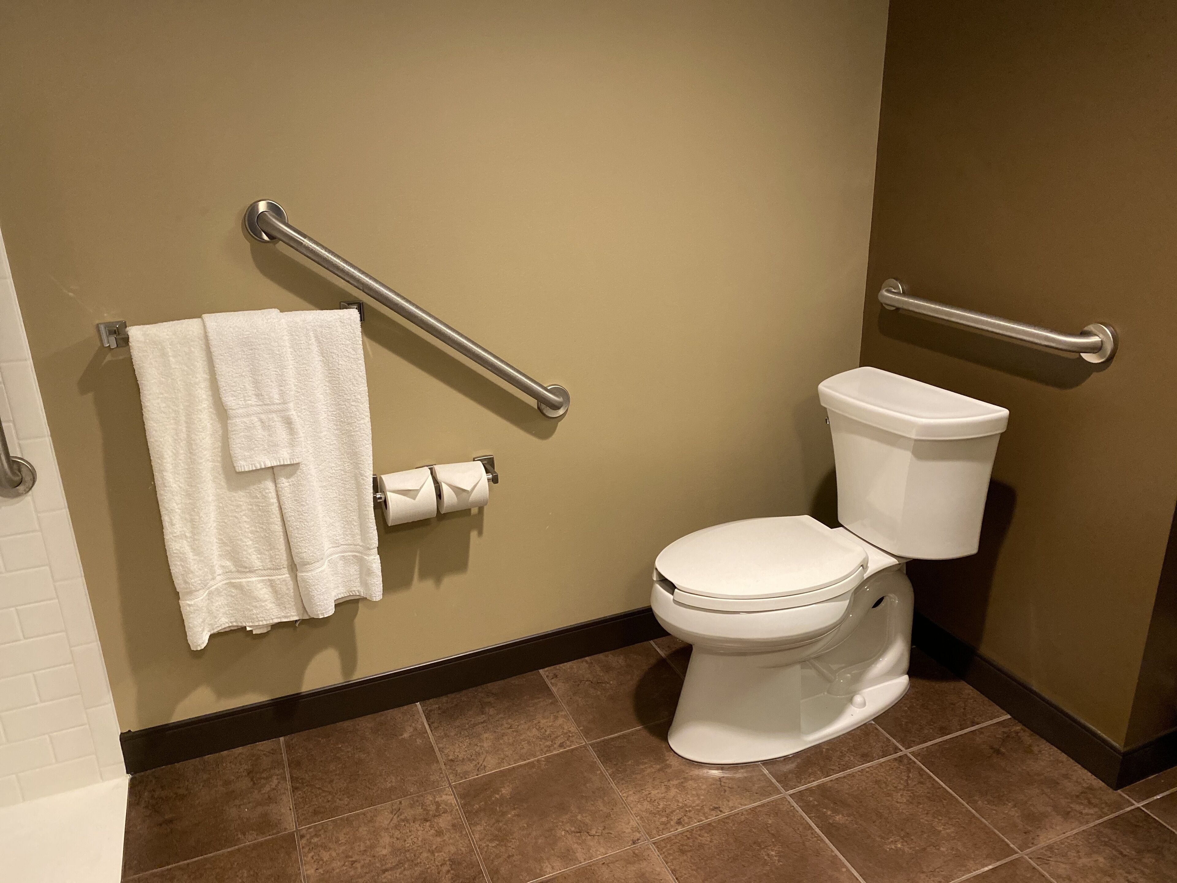 Un baño con inodoro blanco, toallero con toalla blanca y dispensador de papel higiénico.