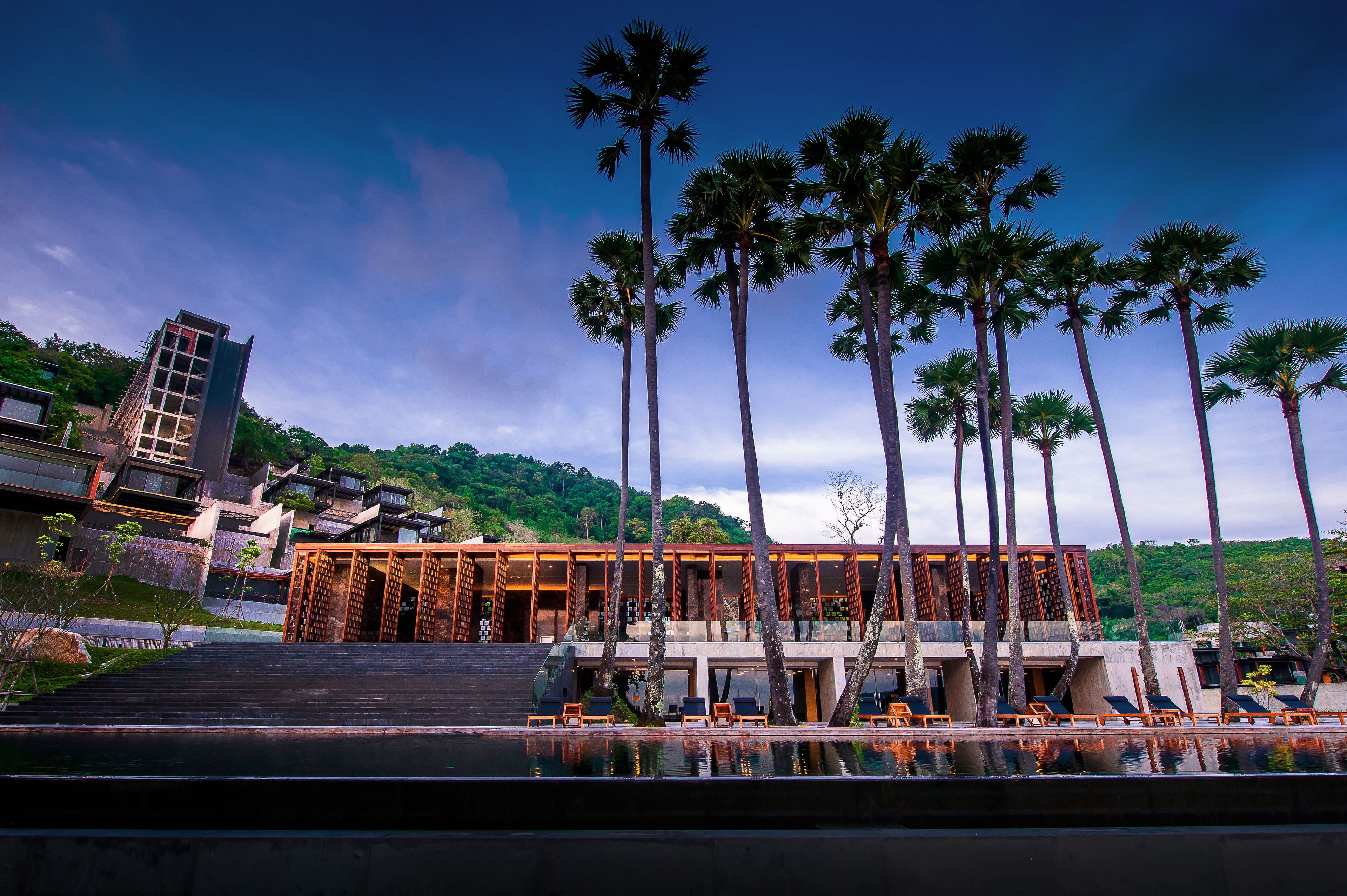 A modern building with a pool and palm trees.