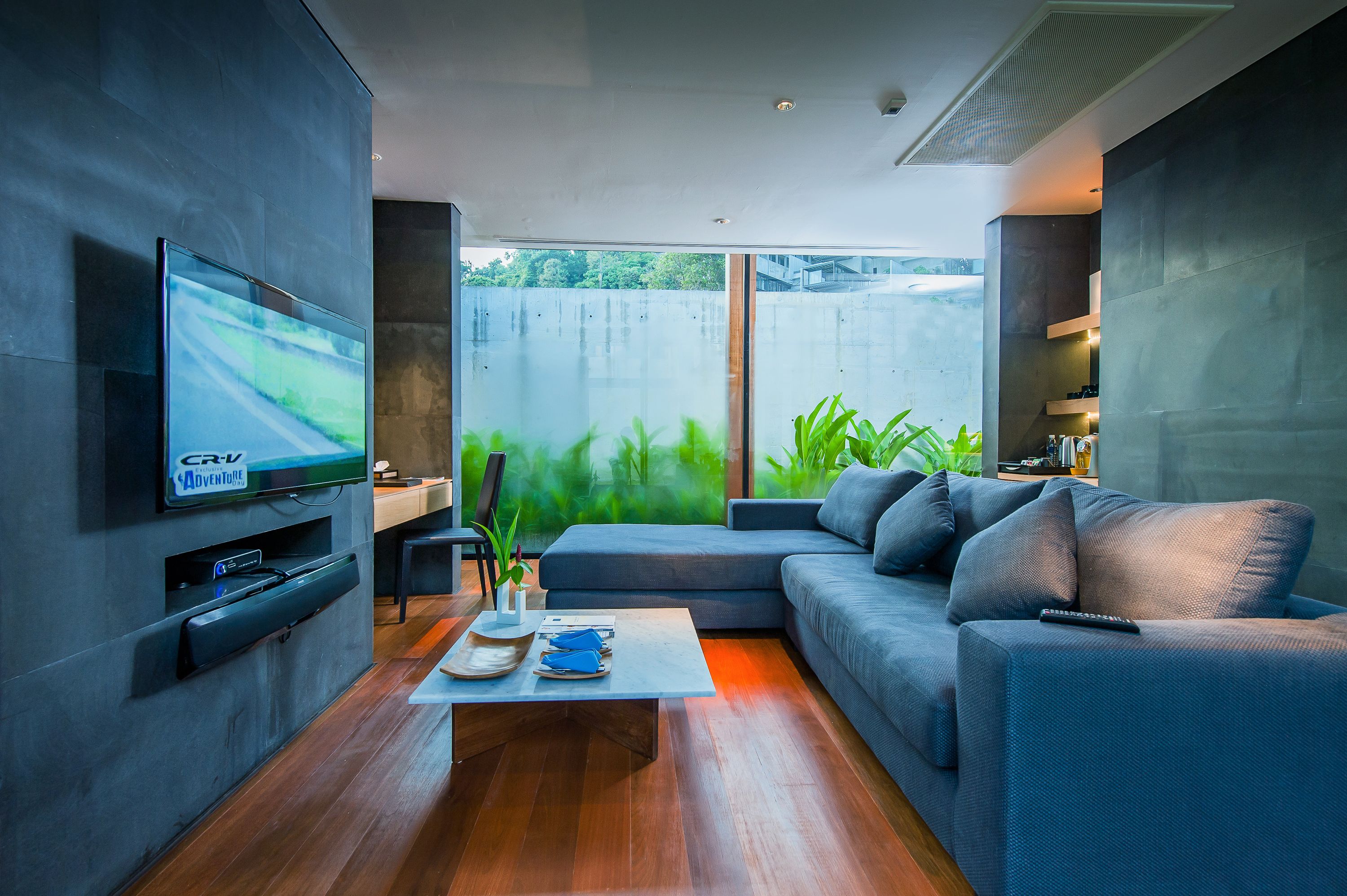 A modern living room with a flat-screen TV, a grey sofa, a coffee table, and a view of greenery outside.
