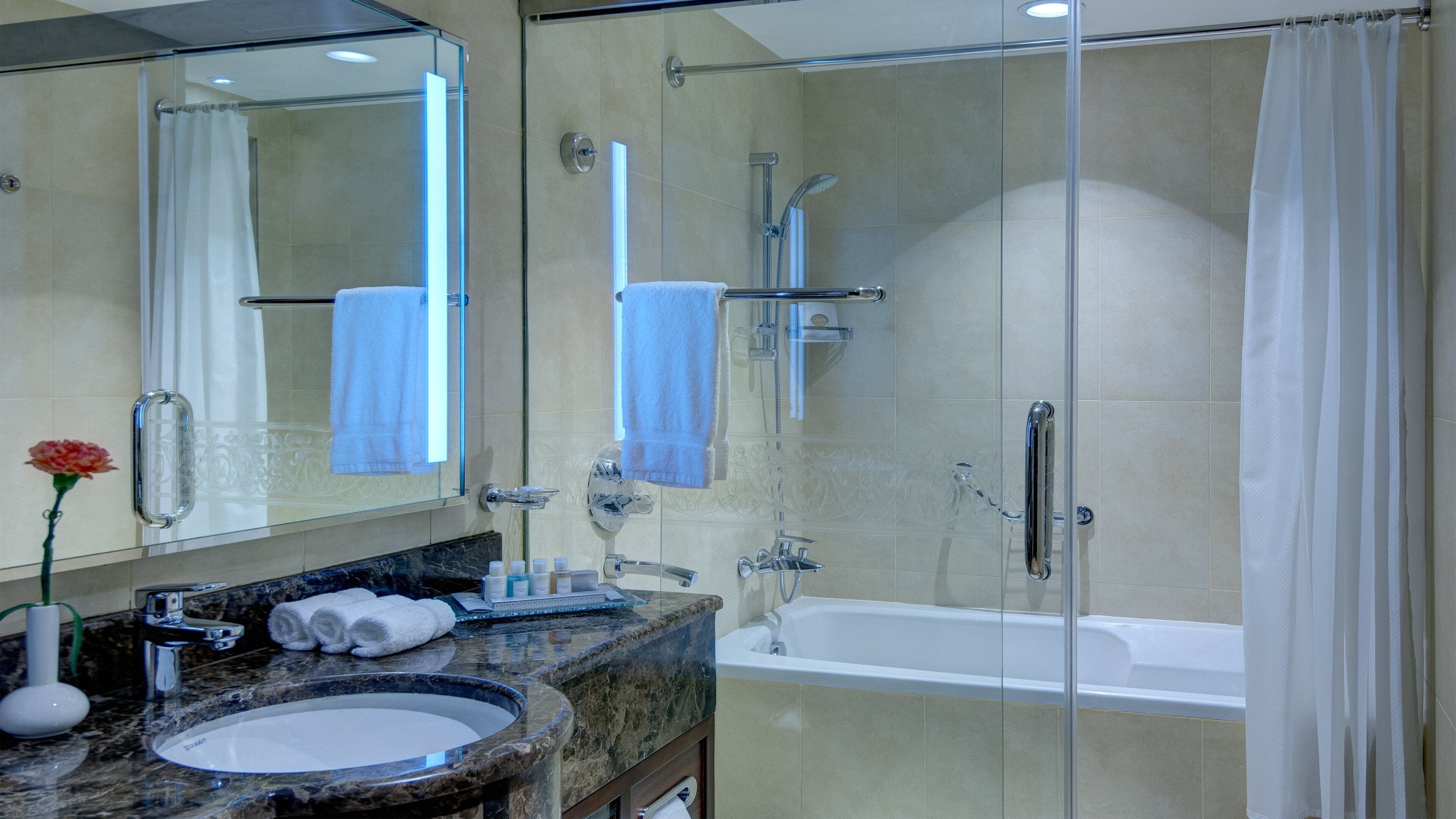 combined shower/bathtub, jetted bath, free toiletries, hair dryer