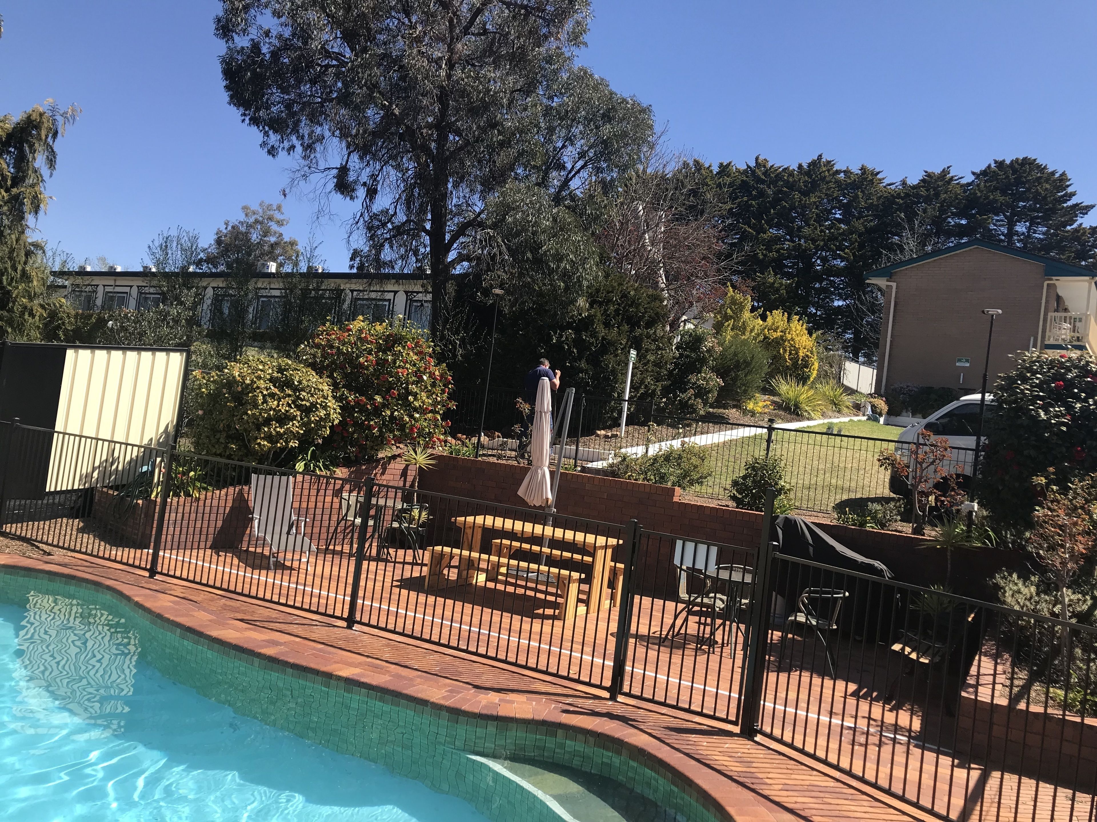 A swimming pool with a brick deck, surrounded by a fence and various plants.